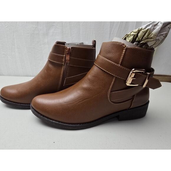 Women’s Adelaide Tan Ankle Boots Size 10 Zip Buckle Strap Low Heel Faux Leather - Picture 1 of 6